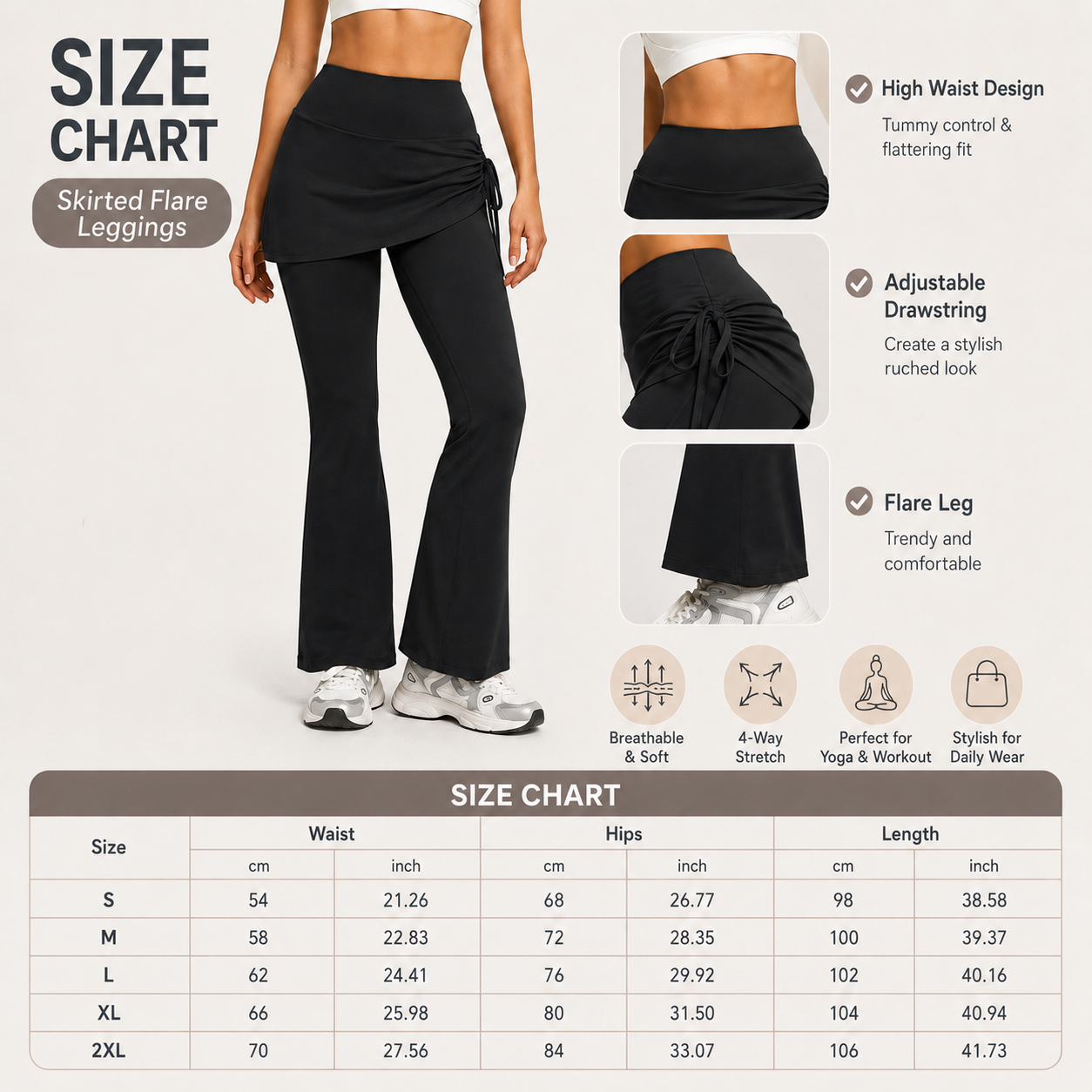 Women's High Waist Skirted Flare Yoga Pants with Adjustable Ruched Drawstring view 7