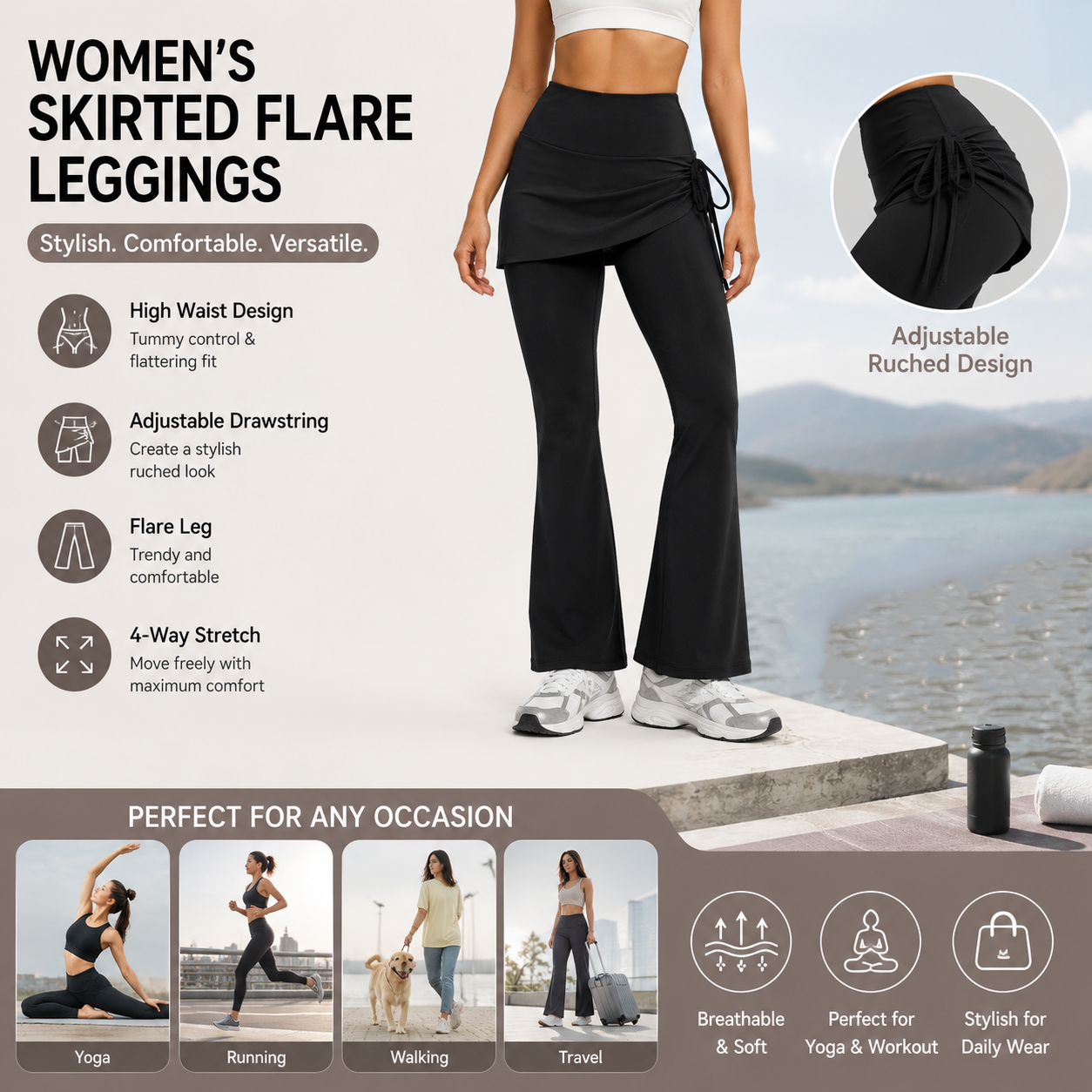 Women's High Waist Skirted Flare Yoga Pants with Adjustable Ruched Drawstring — image 1