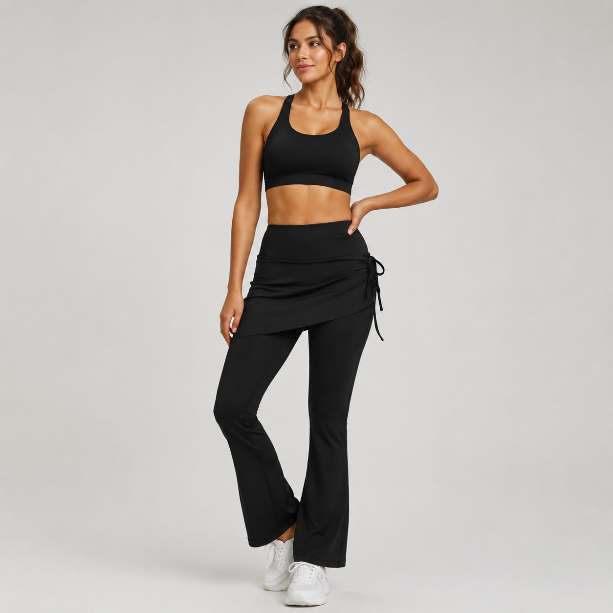 Women's High Waist Skirted Flare Yoga Pants with Adjustable Ruched Drawstring view 3