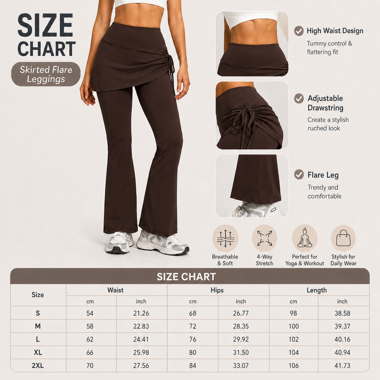 Women's High Waist Skirted Flare Yoga Pants with Adjustable Ruched Drawstring view 6