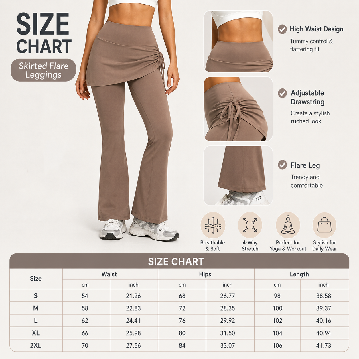Women's High Waist Skirted Flare Yoga Pants with Adjustable Ruched Drawstring view 7