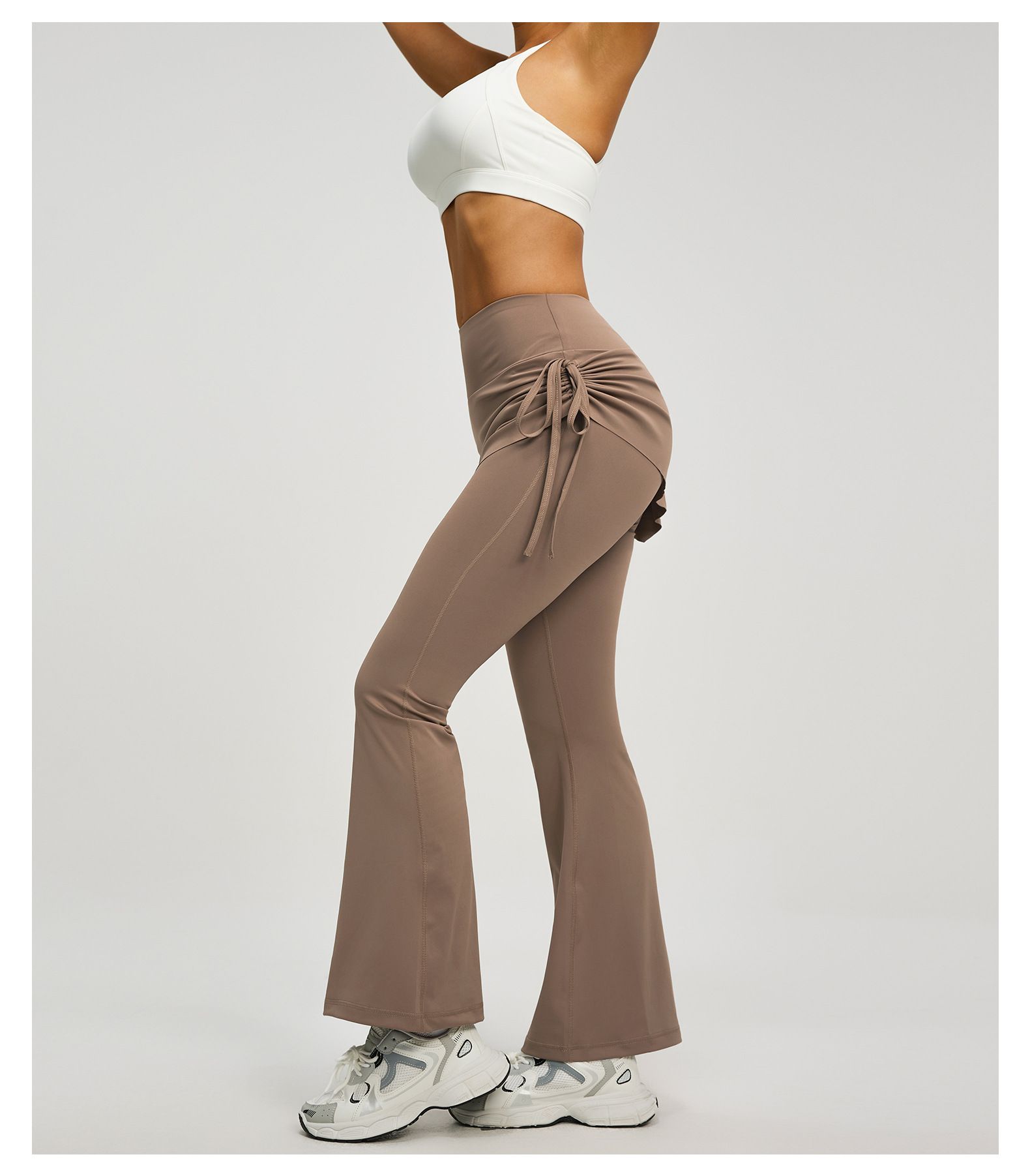 Women's High Waist Skirted Flare Yoga Pants with Adjustable Ruched Drawstring view 6