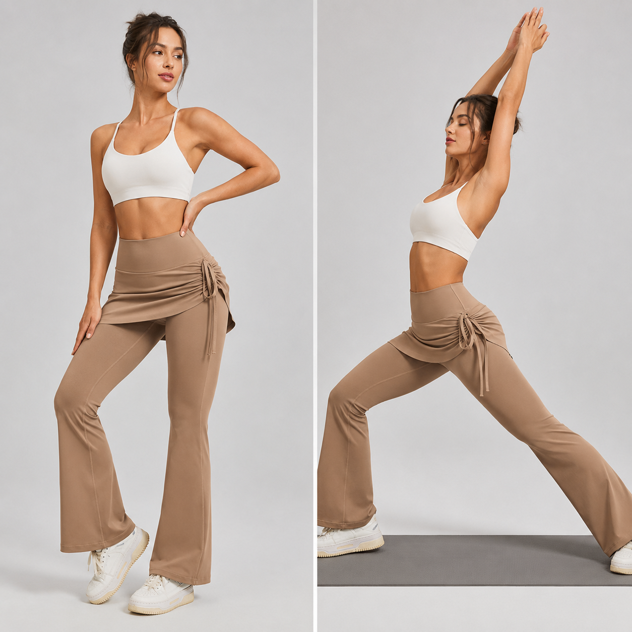 Women's High Waist Skirted Flare Yoga Pants with Adjustable Ruched Drawstring view 3