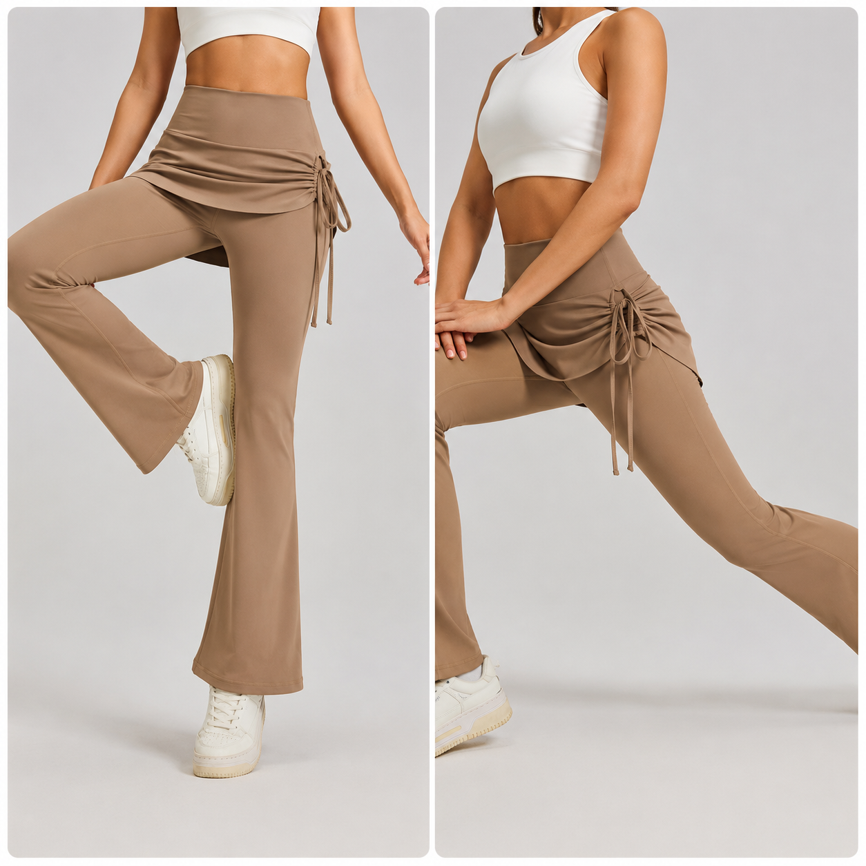 Women's High Waist Skirted Flare Yoga Pants with Adjustable Ruched Drawstring view 4