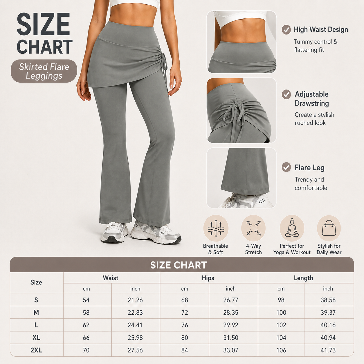 Women's High Waist Skirted Flare Yoga Pants with Adjustable Ruched Drawstring view 5