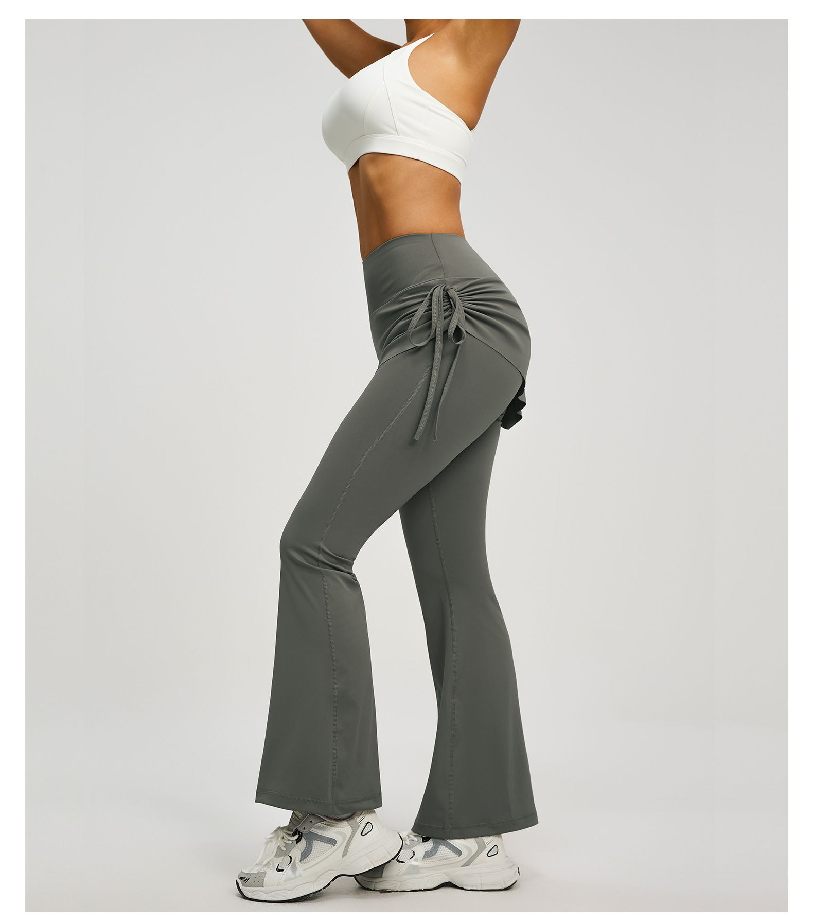Women's High Waist Skirted Flare Yoga Pants with Adjustable Ruched Drawstring view 3