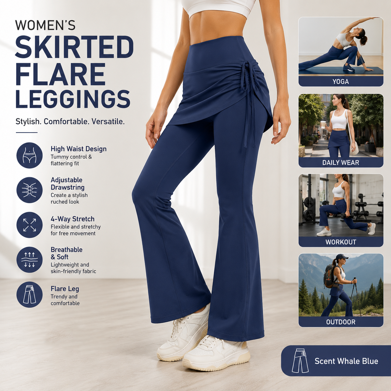 Women's High Waist Skirted Flare Yoga Pants with Adjustable Ruched Drawstring — image 1