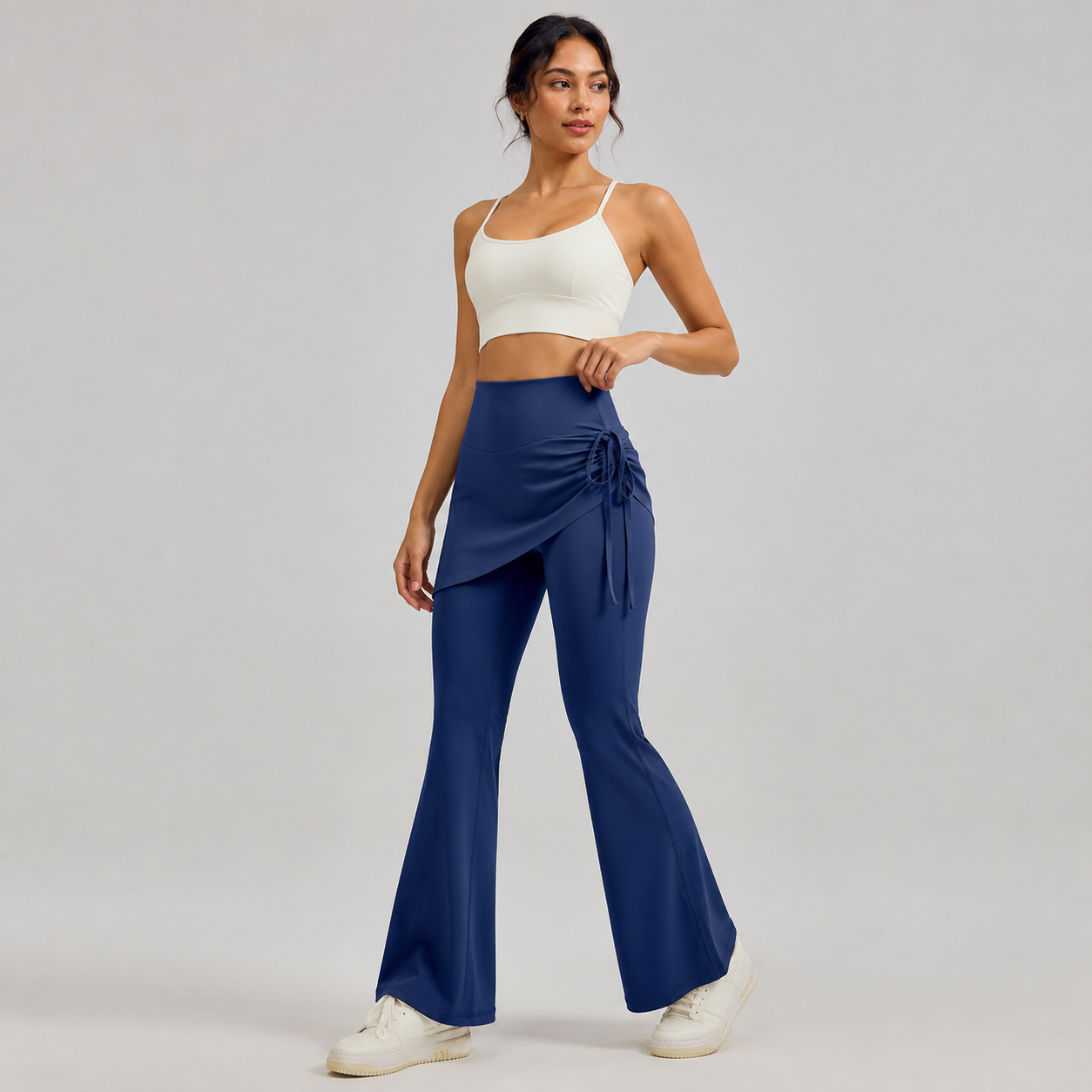 Women's High Waist Skirted Flare Yoga Pants with Adjustable Ruched Drawstring view 4