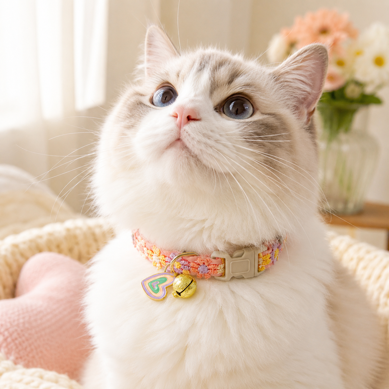 Floral Lace Pet Collar with Bell and Charm (Heart-shaped design)- Adjustable view 2