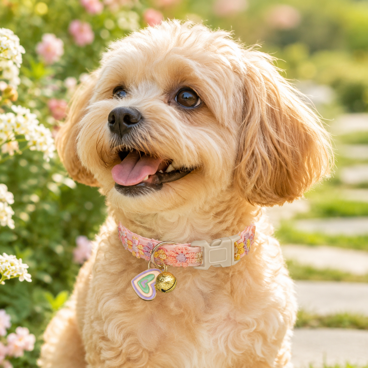 Floral Lace Pet Collar with Bell and Charm (Heart-shaped design)- Adjustable view 3