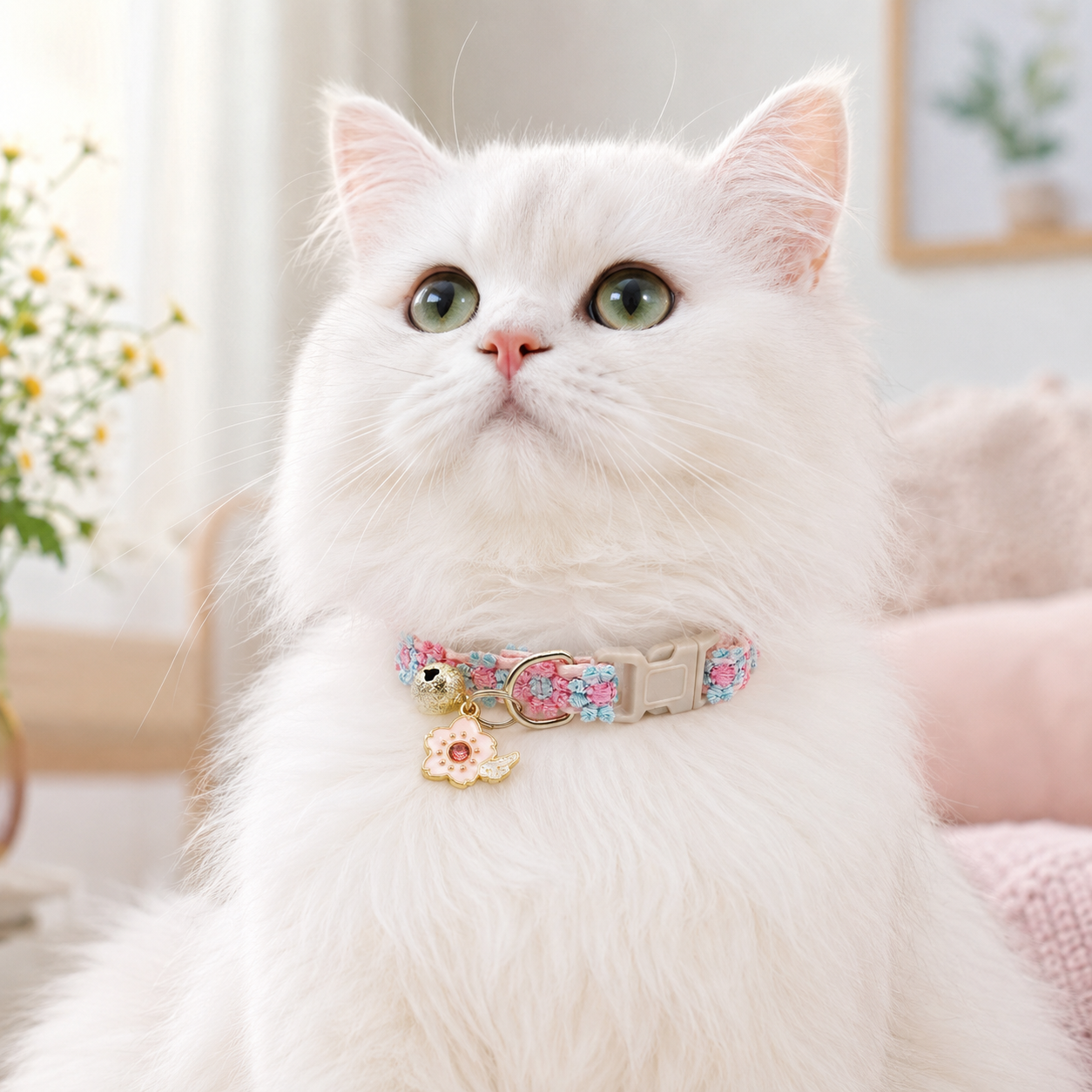 Floral Lace Pet Collar with Bell and Charm (Cherry blossom design)- Adjustable view 3