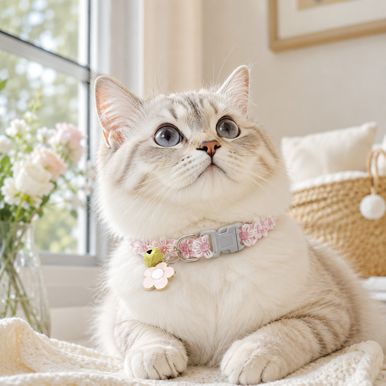 Floral Lace Pet Collar with Bell and Charm (Pink flower design)- Adjustable view 2