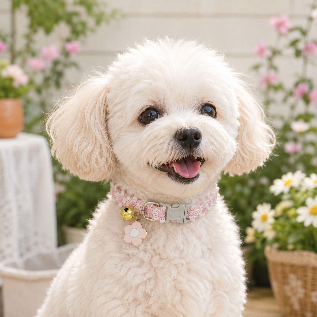 Floral Lace Pet Collar with Bell and Charm (Pink flower design)- Adjustable view 3