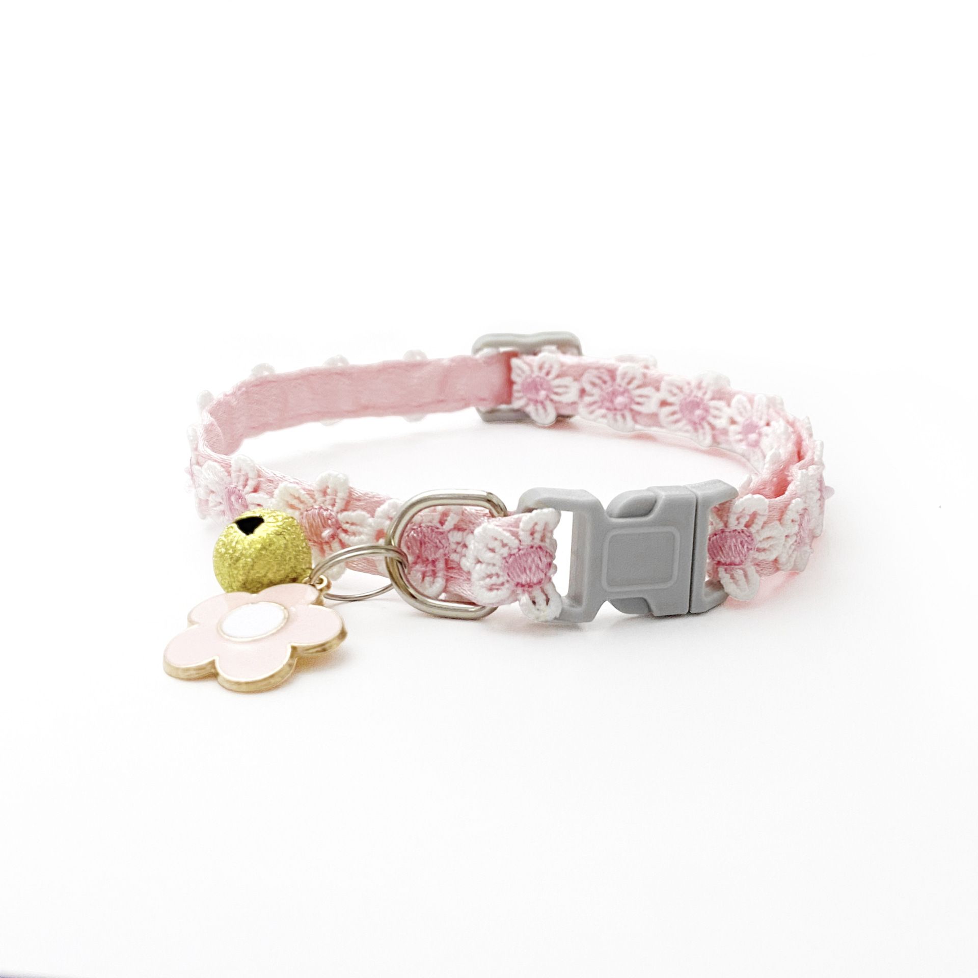 Floral Lace Pet Collar with Bell and Charm (Pink flower design)- Adjustable view 4