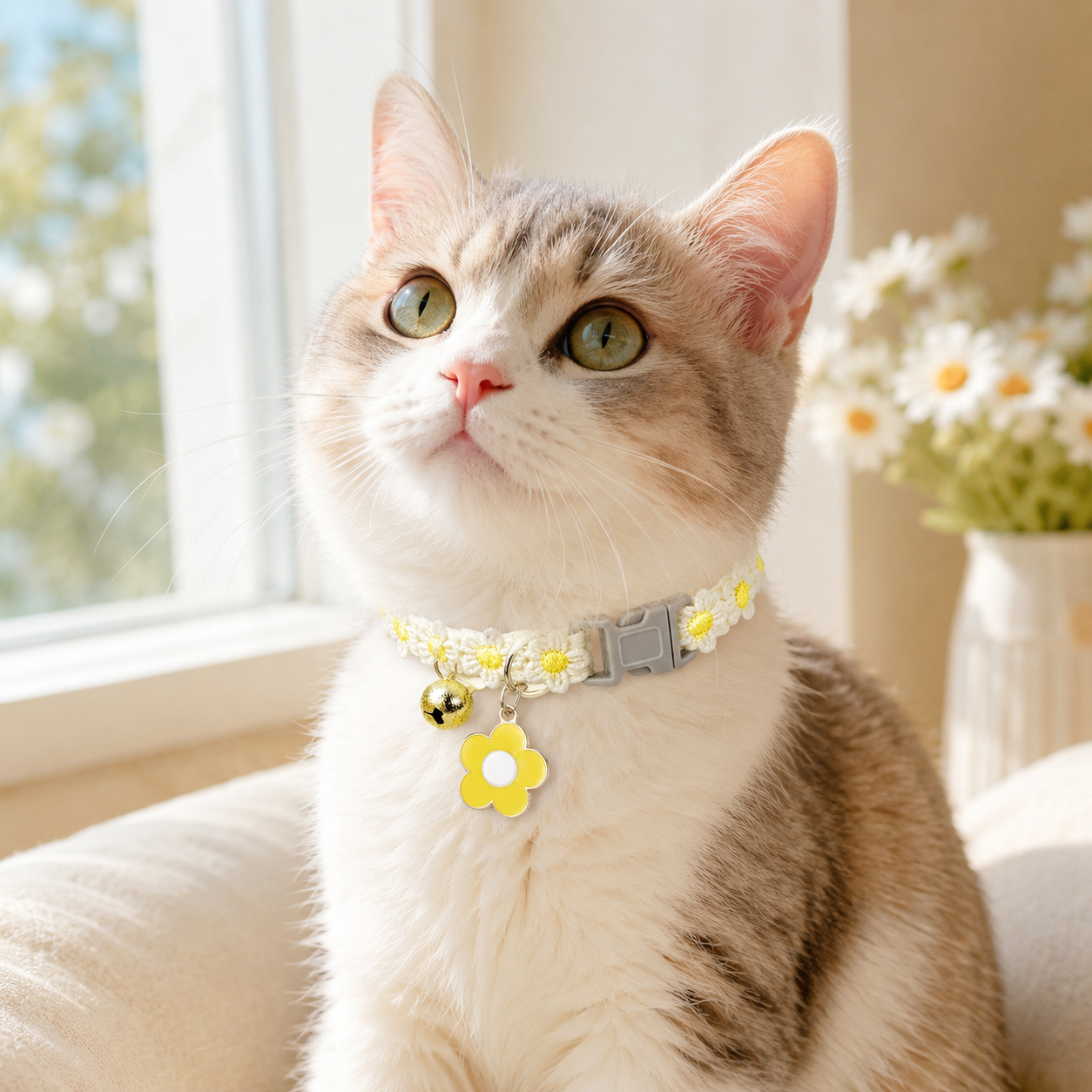 Floral Lace Pet Collar with Bell and Charm (White flower design)- Adjustable view 2