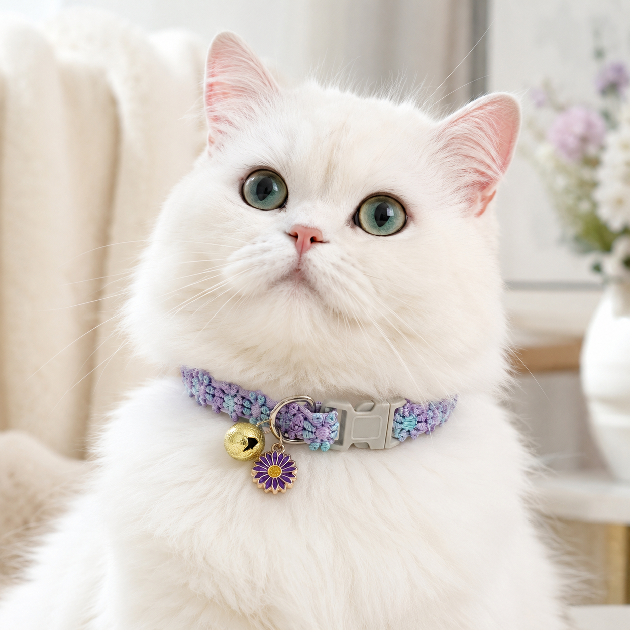 Floral Lace Pet Collar with Bell and Charm (Purple flower design)- Adjustable view 2