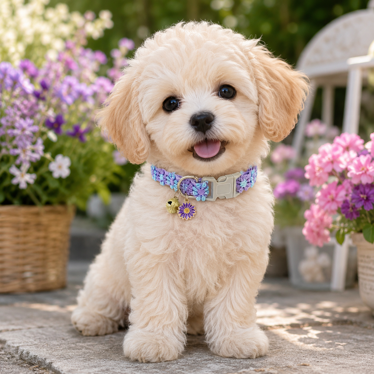 Floral Lace Pet Collar with Bell and Charm (Purple flower design)- Adjustable view 3