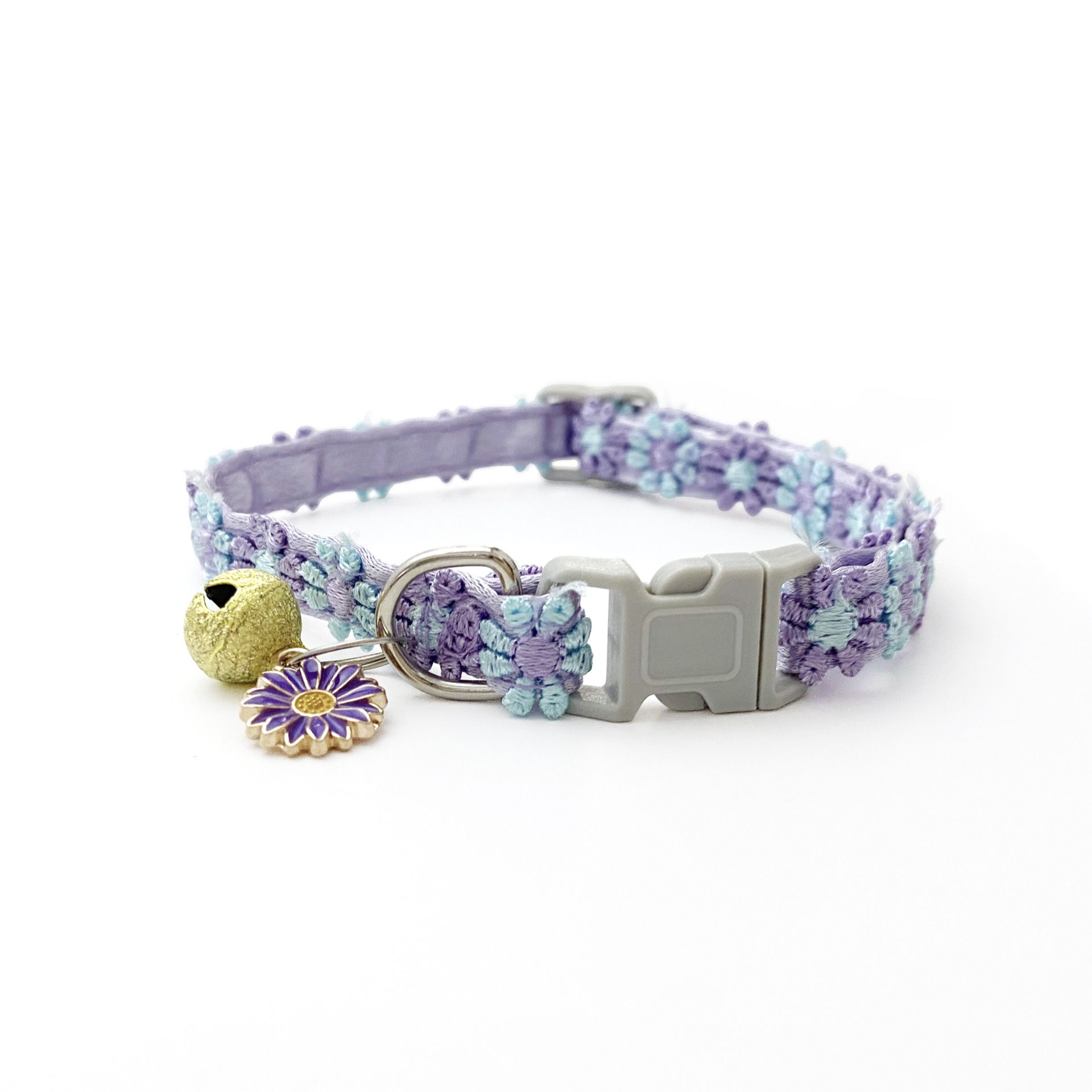 Floral Lace Pet Collar with Bell and Charm (Purple flower design)- Adjustable view 4