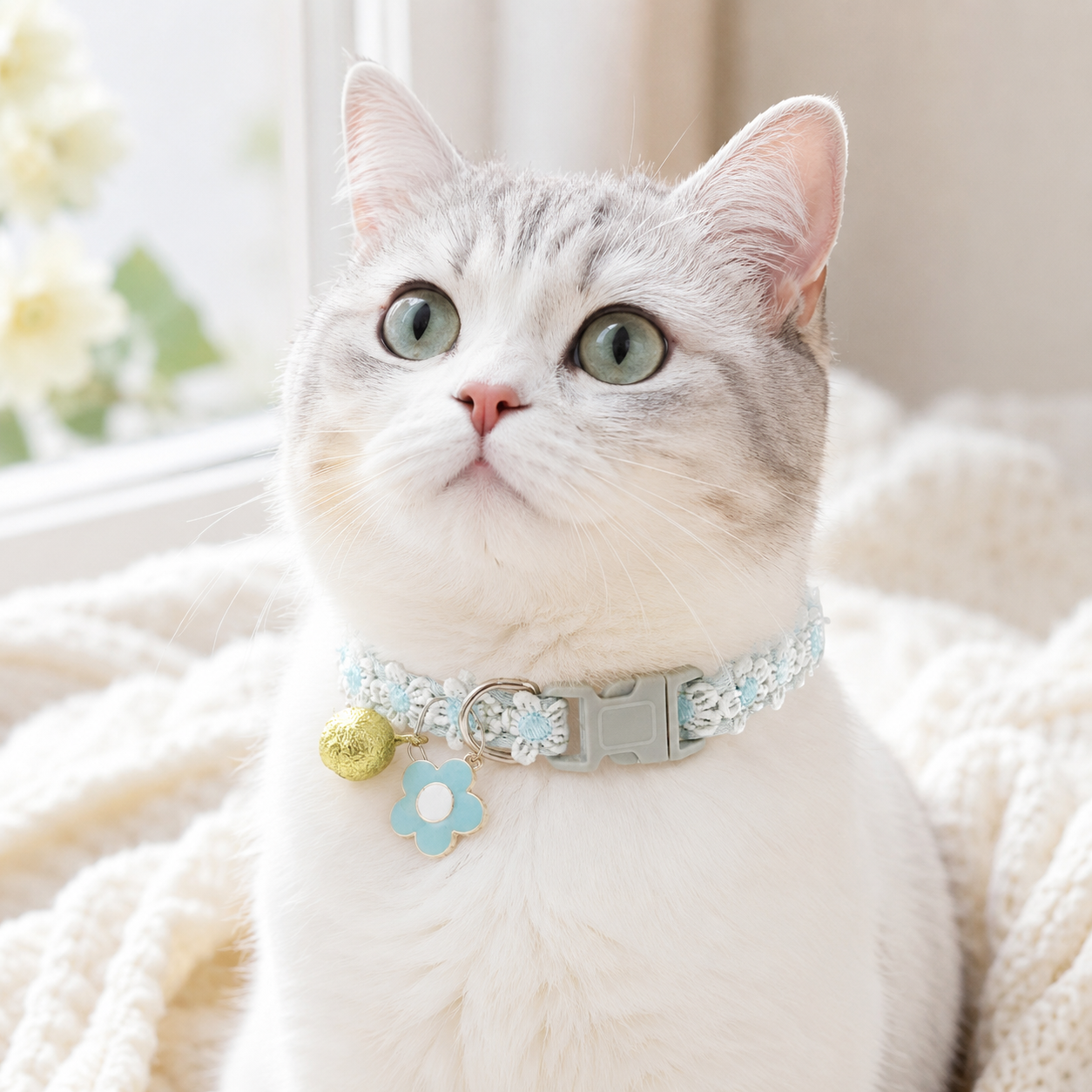 Floral Lace Pet Collar with Bell and Charm (Blue flower design)- Adjustable view 2