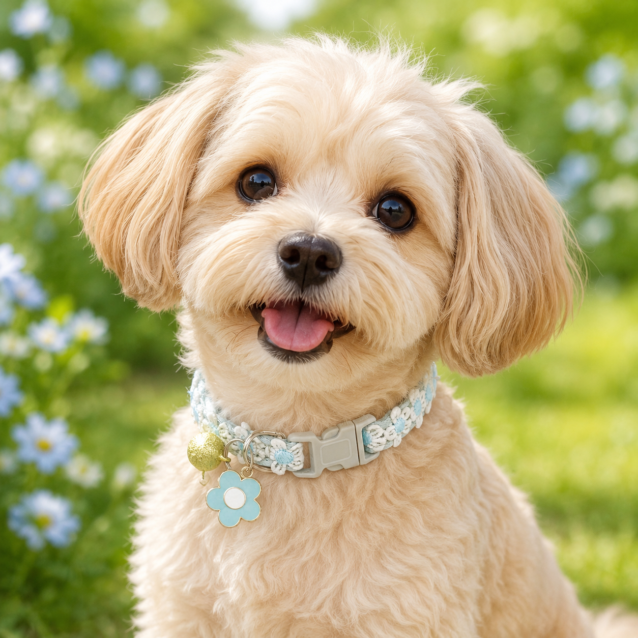 Floral Lace Pet Collar with Bell and Charm (Blue flower design)- Adjustable view 3