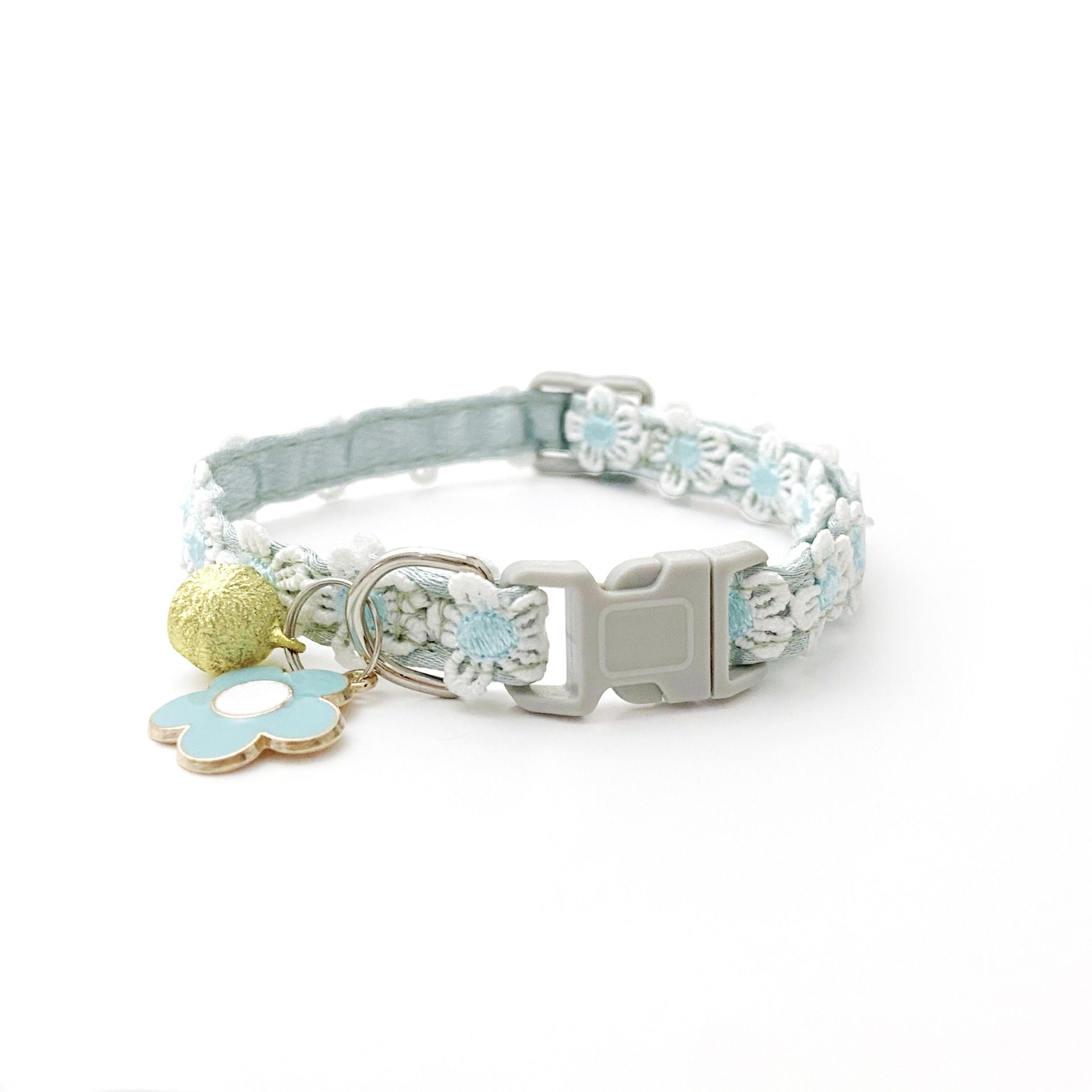 Floral Lace Pet Collar with Bell and Charm (Blue flower design)- Adjustable view 4