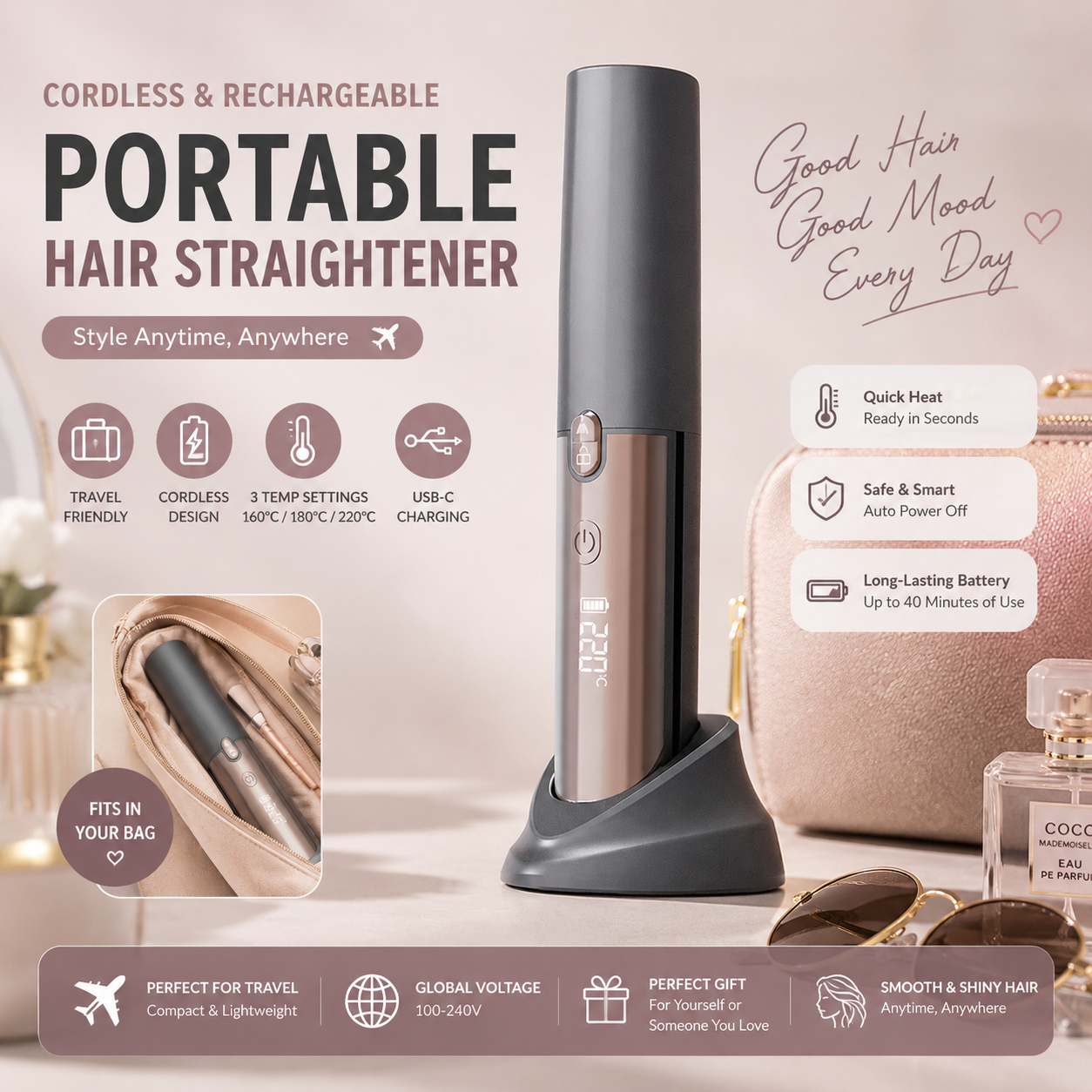 Brown Portable Cordless Hair Straightener Brush Rechargeable Mini Hair Styling