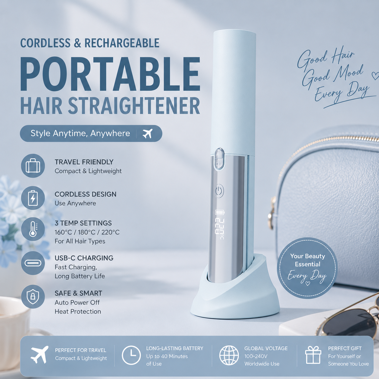 Blue Portable Cordless Hair Straightener Brush Rechargeable Mini Hair Styling Comb