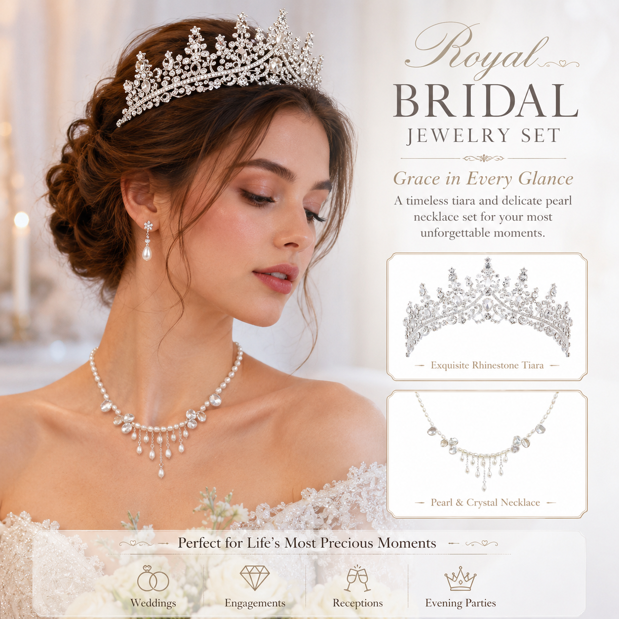 Pearl Tassel Necklace & Rhinestone Tiara Set Bridal Crown Jewelry Accessories
