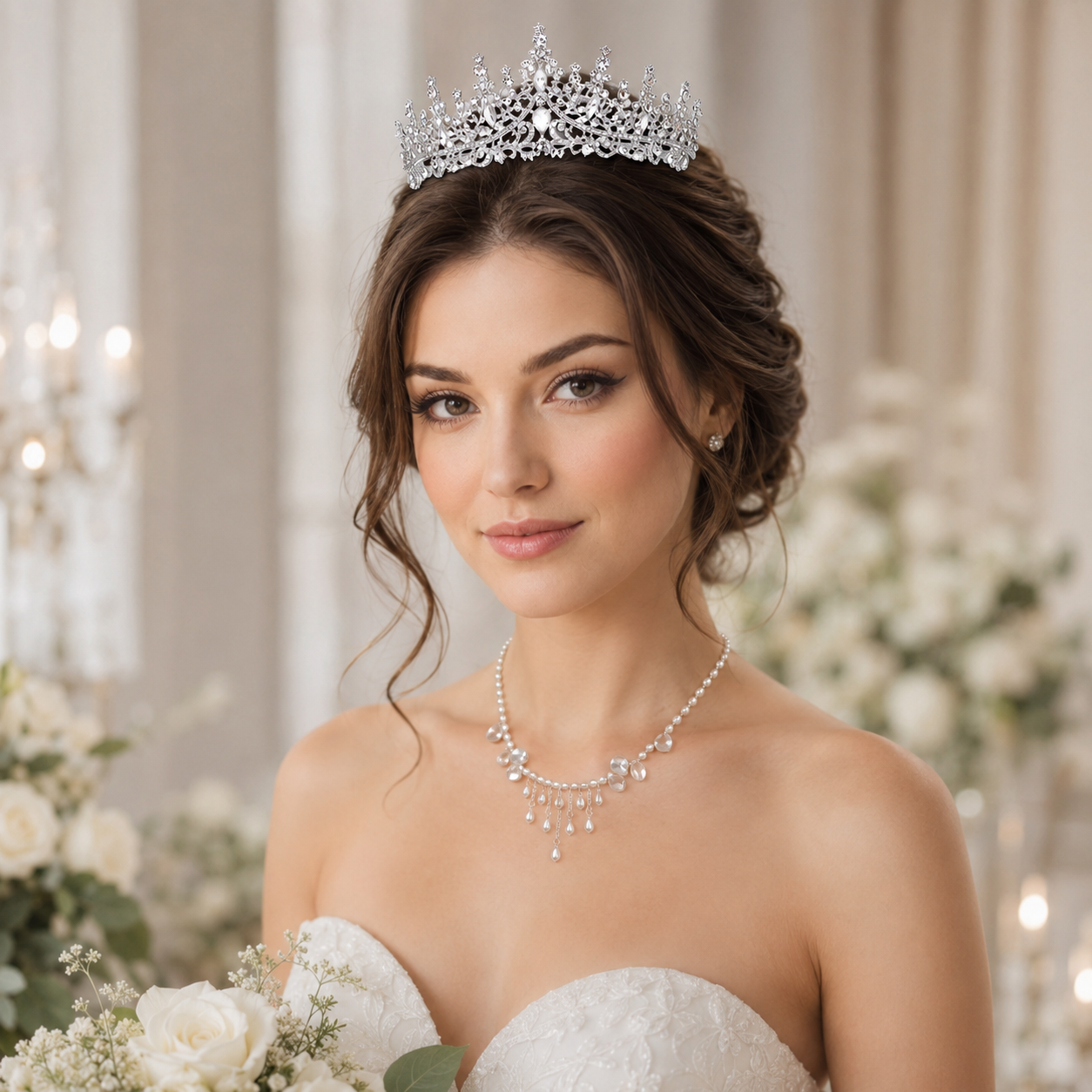 Pearl Tassel Necklace & Rhinestone Tiara Set Bridal Crown Jewelry Accessories view 4