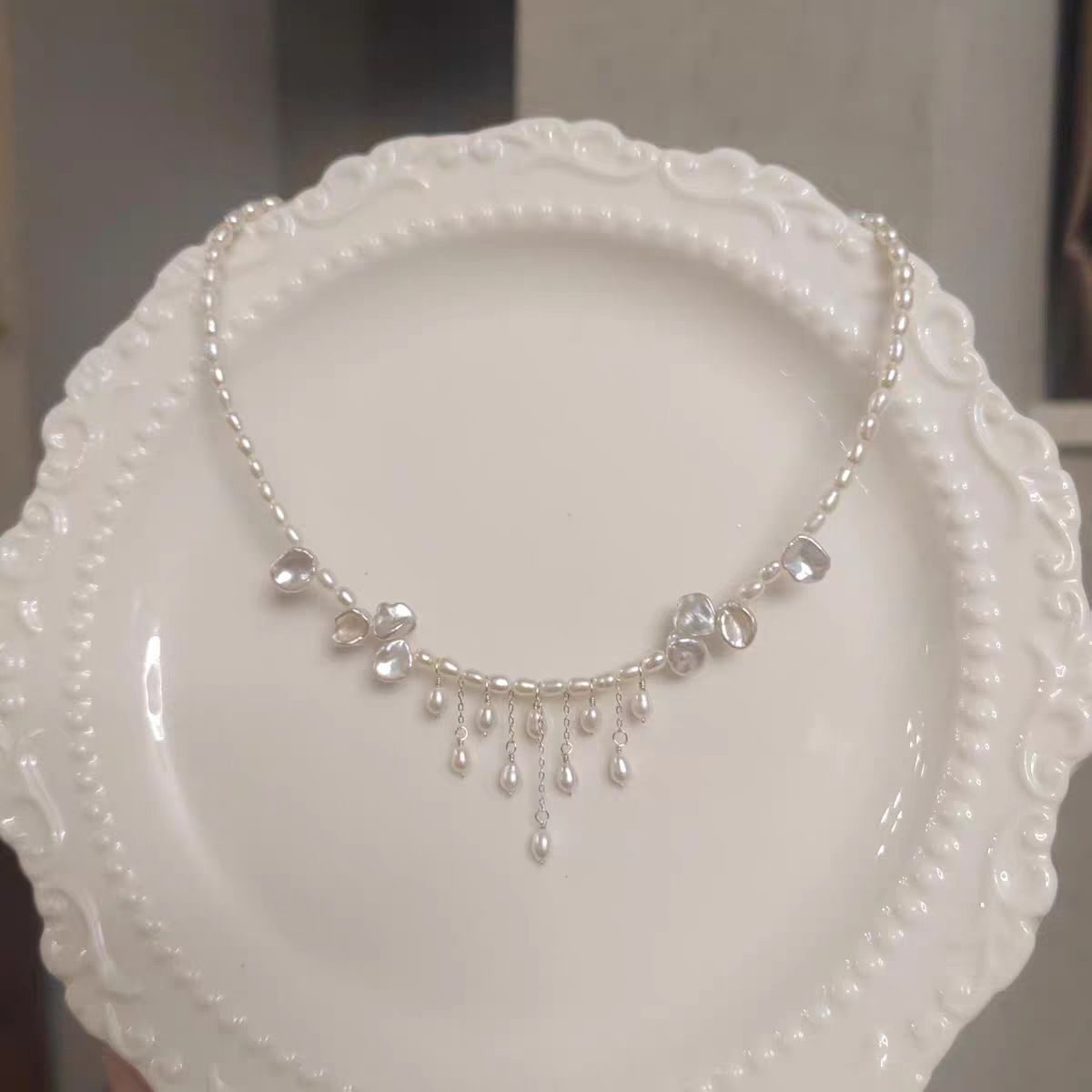 Pearl Tassel Necklace & Rhinestone Tiara Set Bridal Crown Jewelry Accessories view 5