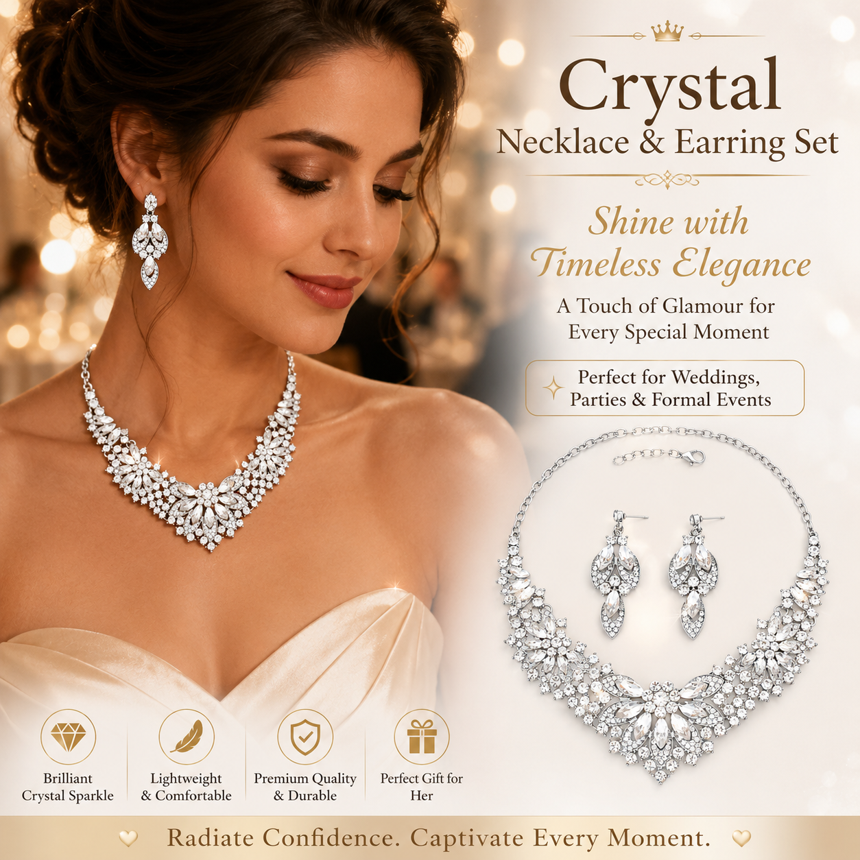 Crystal Necklace Earrings Set for Women Luxury Rhinestone Bridal Jewelry
