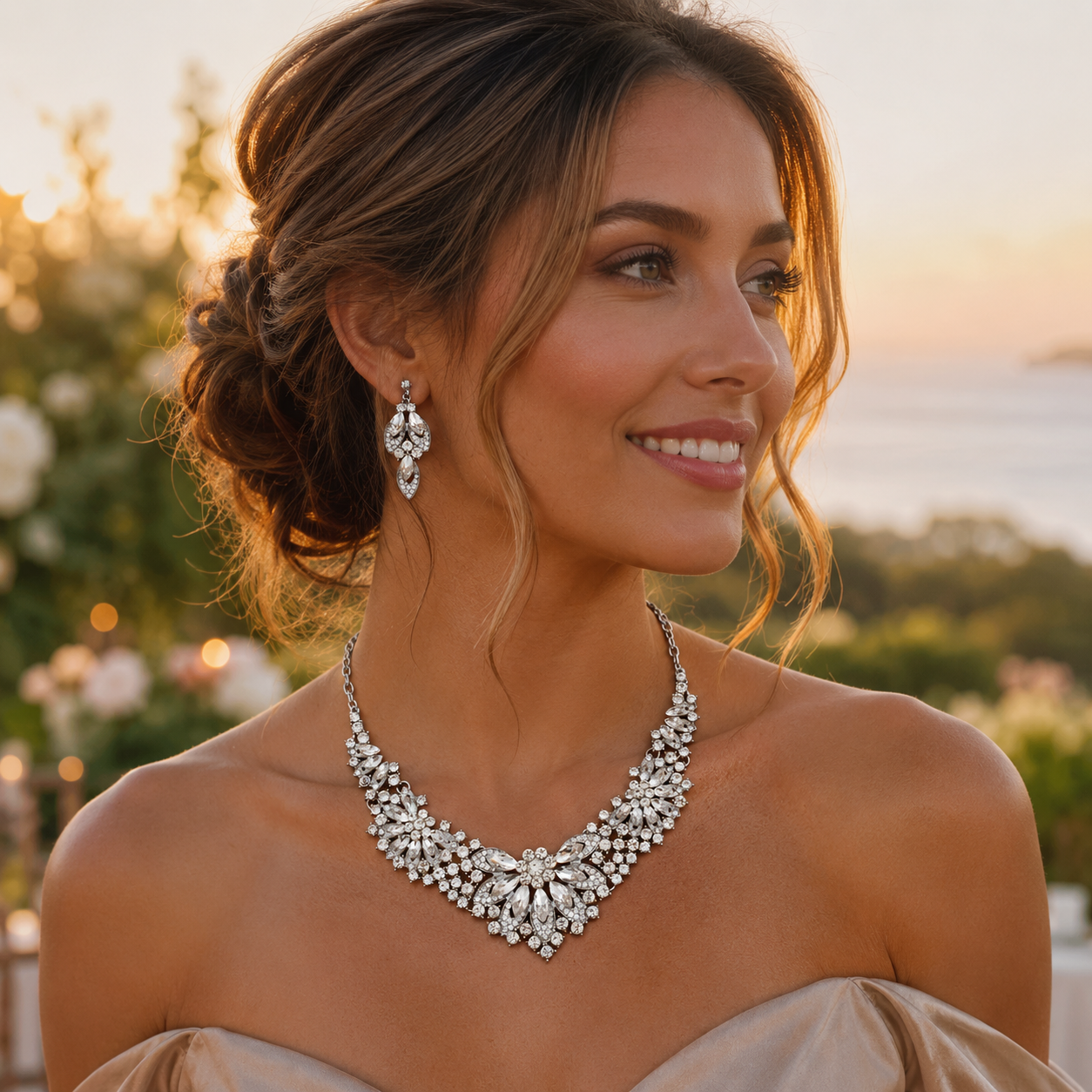 Crystal Necklace Earrings Set for Women Luxury Rhinestone Bridal Jewelry view 2