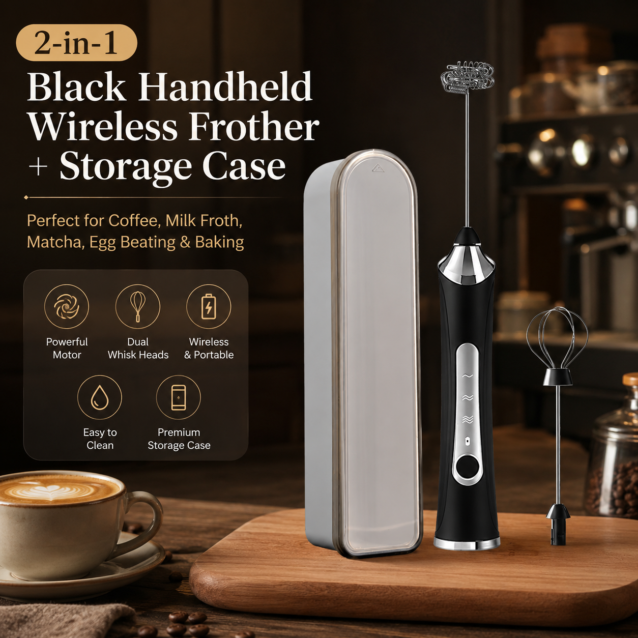 Black 2 in 1 Handheld Electric Milk Frother and Egg Whisk with Storage Case