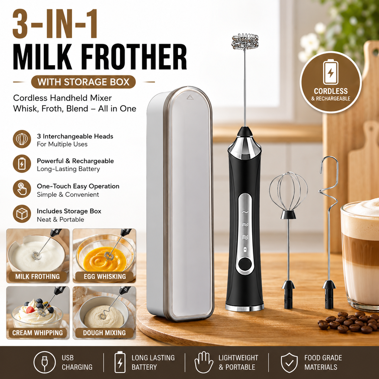 Black 3 in 1 Handheld Electric Milk Frother with Storage Case Wireless