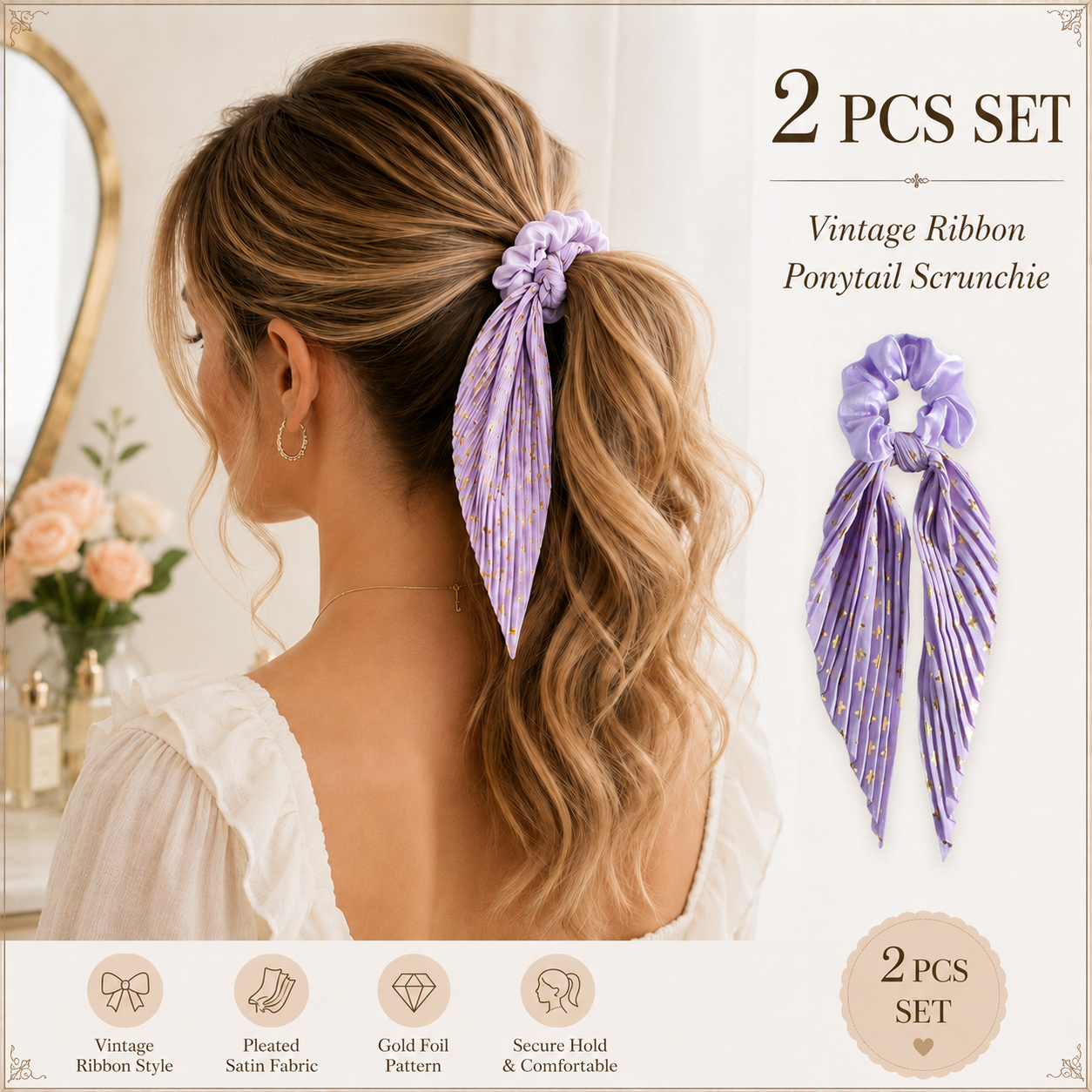 Purple Vintage Ribbon Ponytail Scrunchie 2 Pack for Women Pleated Satin Hair
