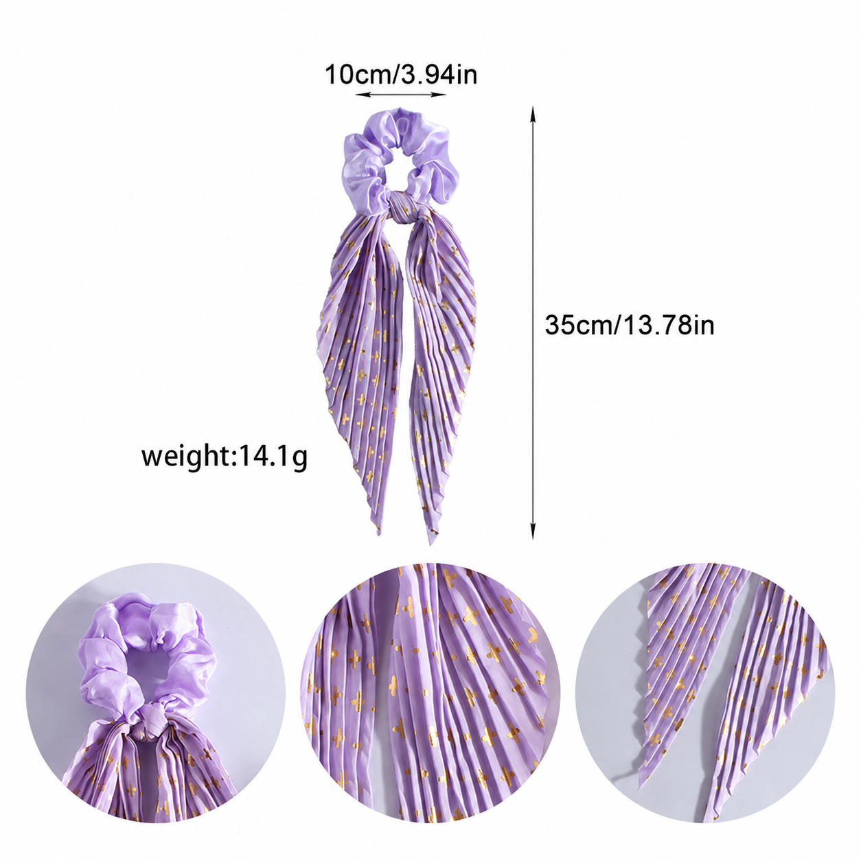 Purple Vintage Ribbon Ponytail Scrunchie 2 Pack for Women Pleated Satin Hair view 4
