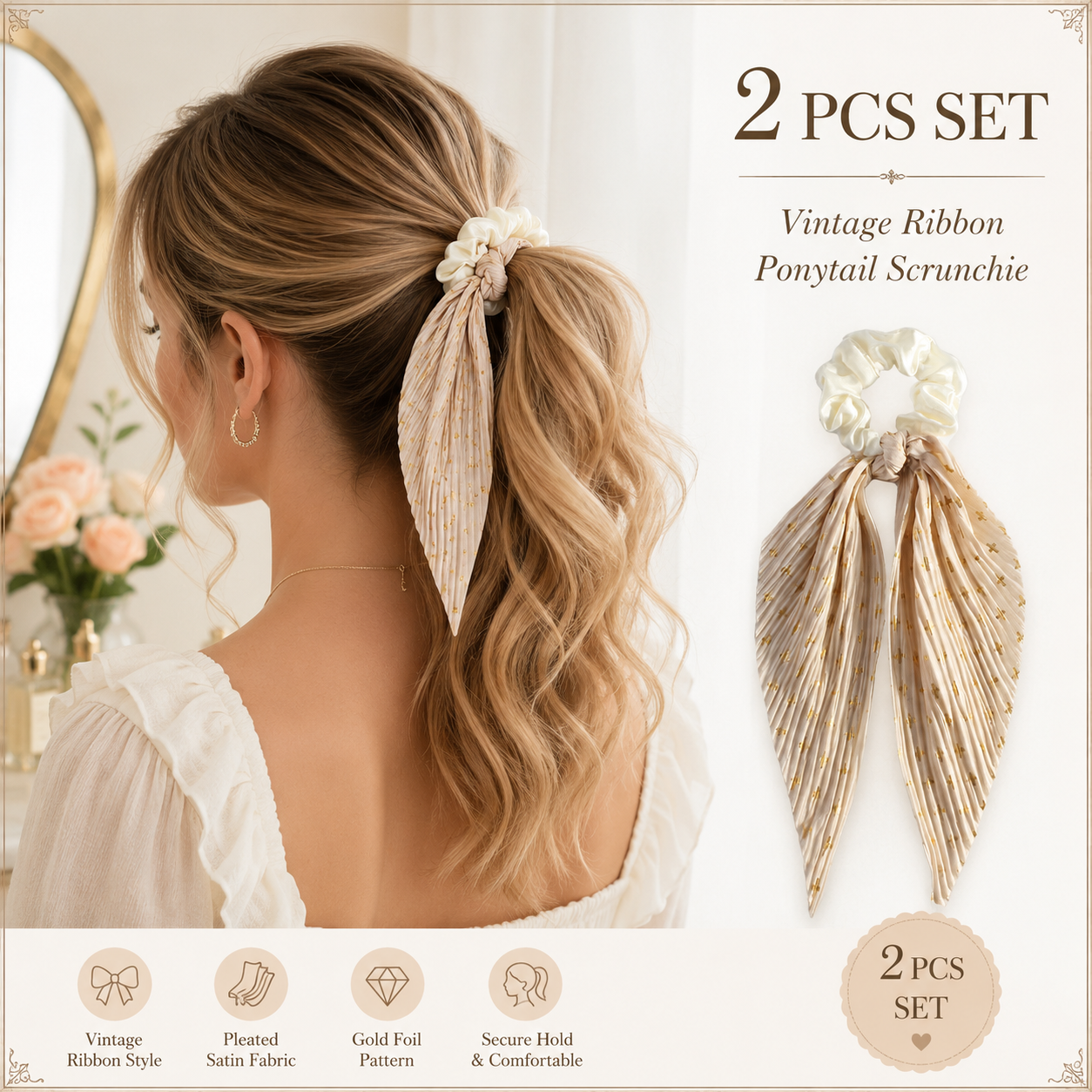 Beige Vintage Ribbon Ponytail Scrunchie 2 Pack for Women Pleated Satin Hair