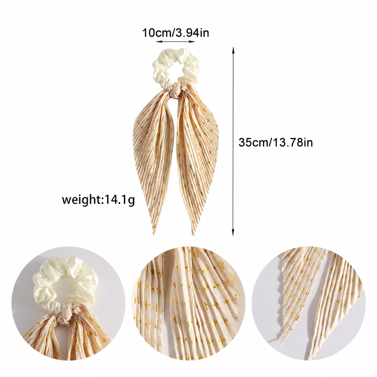 Beige Vintage Ribbon Ponytail Scrunchie 2 Pack for Women Pleated Satin Hair view 4