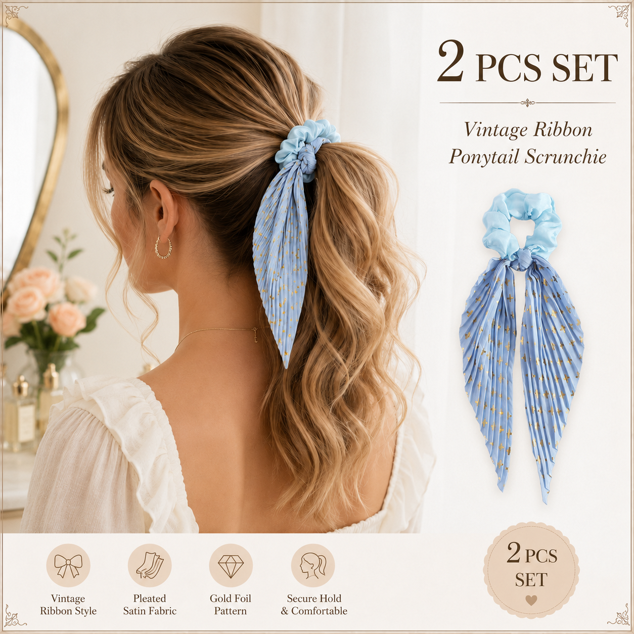Sky Blue Vintage Ribbon Ponytail Scrunchie 2 Pack for Women Pleated Satin Hair