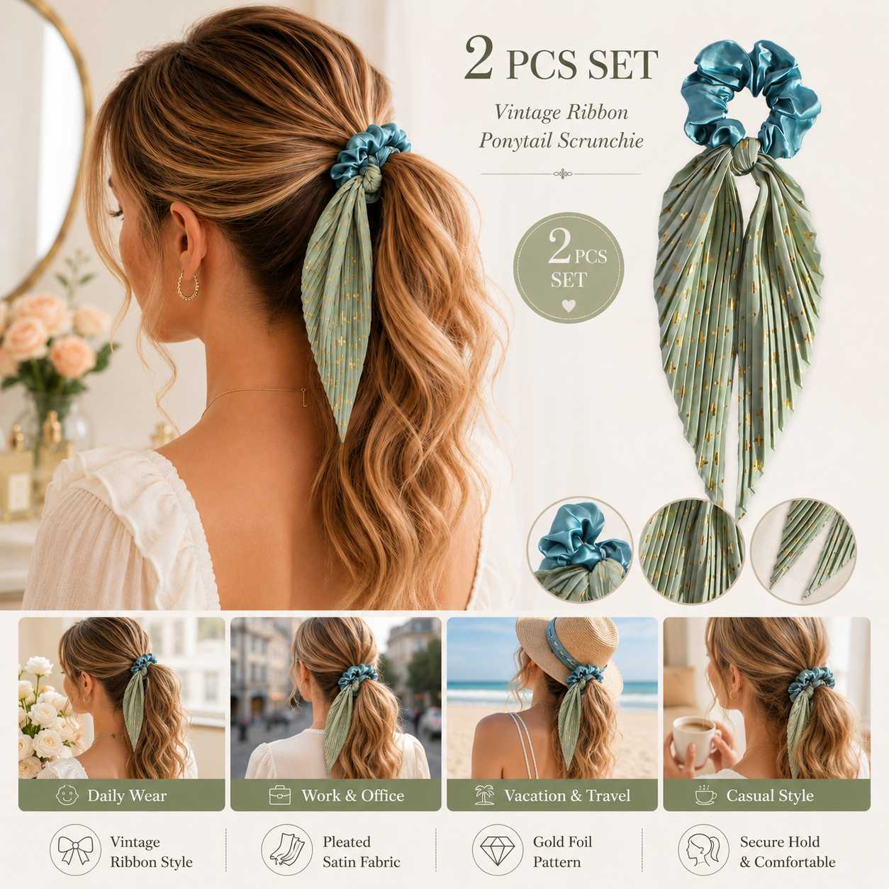 Light Green Vintage Ribbon Ponytail Scrunchie 2 Pack for Women Pleated Satin