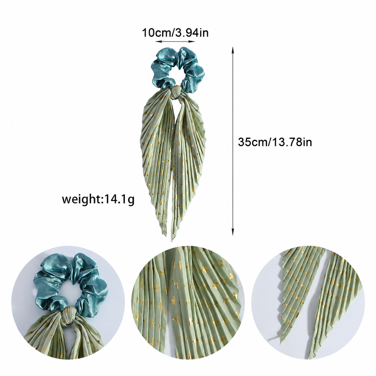 Light Green Vintage Ribbon Ponytail Scrunchie 2 Pack for Women Pleated Satin view 4