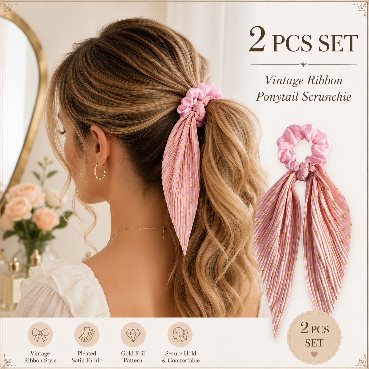 Pink Vintage Ribbon Ponytail Scrunchie 2 Pack for Women Pleated Satin Hair Tie