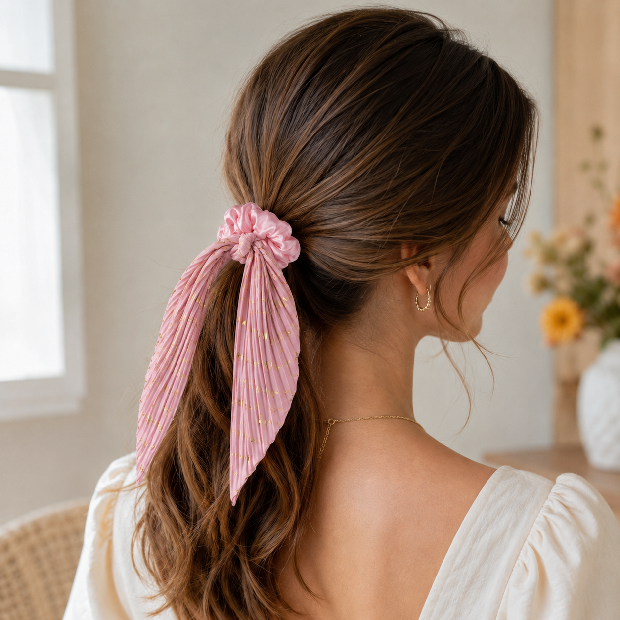 Pink Vintage Ribbon Ponytail Scrunchie 2 Pack for Women Pleated Satin Hair Tie view 2