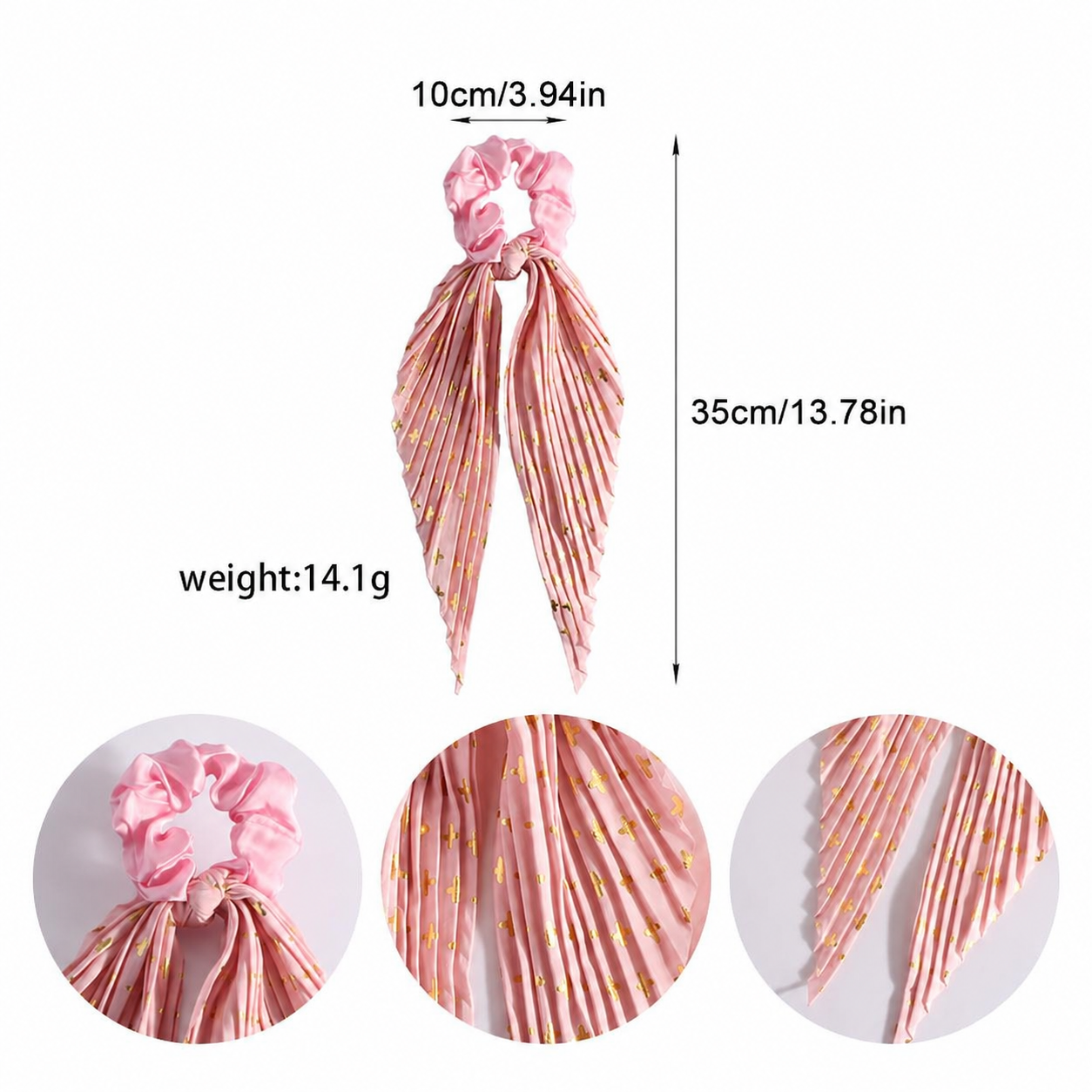 Pink Vintage Ribbon Ponytail Scrunchie 2 Pack for Women Pleated Satin Hair Tie view 4