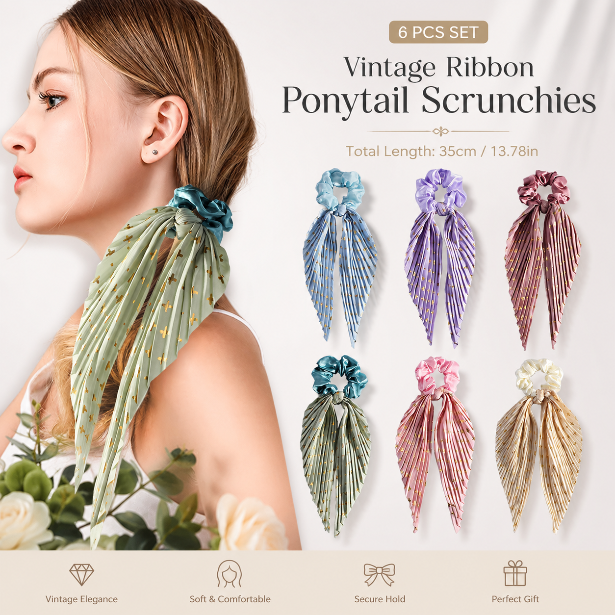 6 Pack Vintage Ribbon Ponytail Scrunchies for Women Pleated Satin Hair Ties