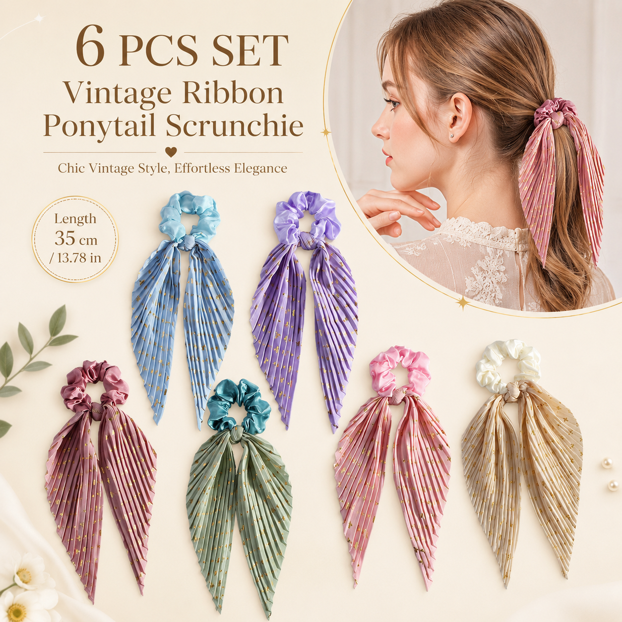 6 Pack Vintage Ribbon Ponytail Scrunchies for Women Pleated Satin Hair Ties view 2