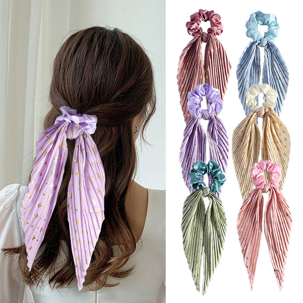 6 Pack Vintage Ribbon Ponytail Scrunchies for Women Pleated Satin Hair Ties view 3