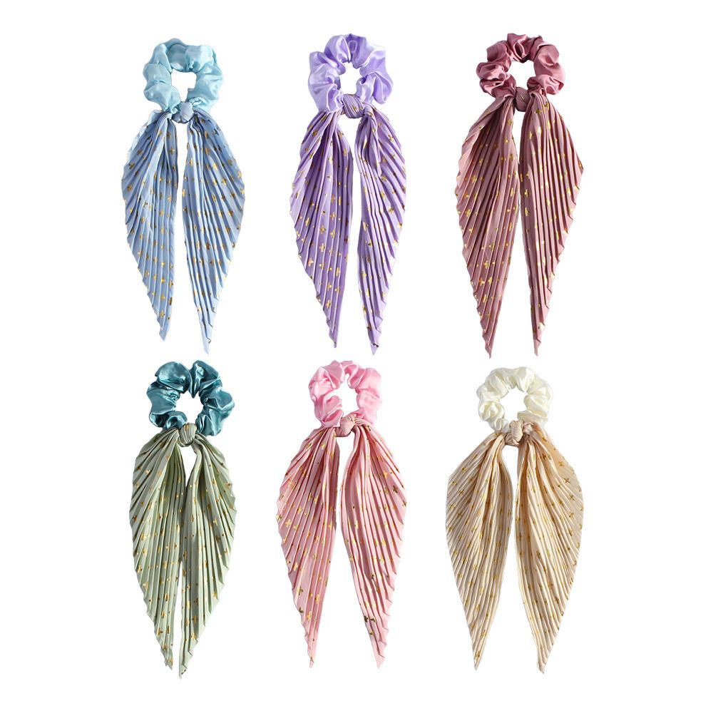 6 Pack Vintage Ribbon Ponytail Scrunchies for Women Pleated Satin Hair Ties view 5