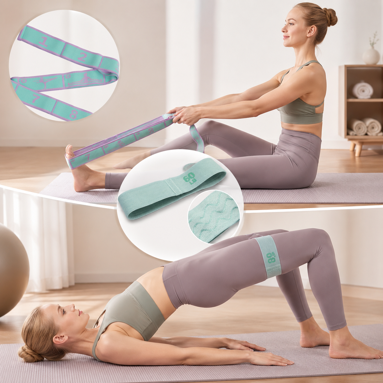 Green and purple 8 Grid Yoga Stretching Strap and 60LB Resistance Band Set for view 2