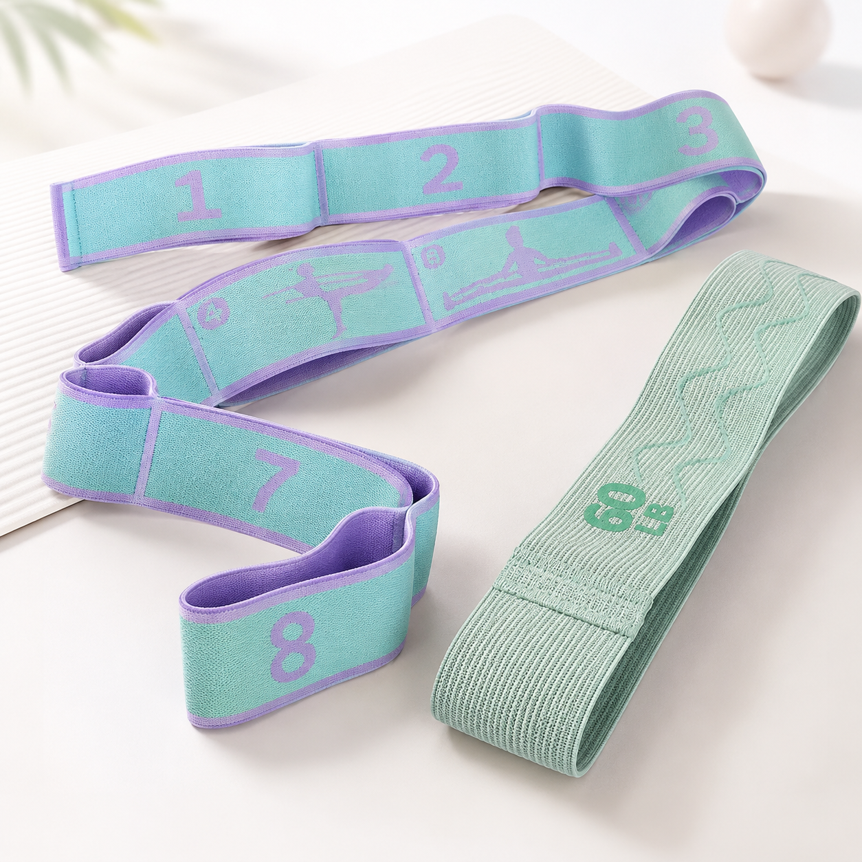 Green and purple 8 Grid Yoga Stretching Strap and 60LB Resistance Band Set for view 3